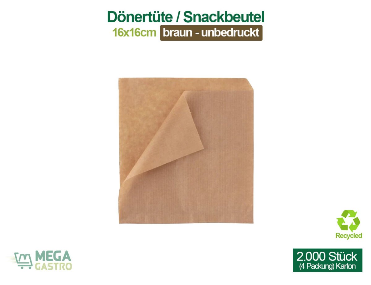 Dönertüte / Snackbeutel – unbedruckt 16×16 cm – (braun) – 2.000 Stk ...